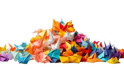 A vibrant pile of assorted origami birds on a clean white background