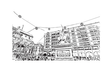 Print Building view with landmark of Reus is the city in Spain. Hand drawn sketch illustration in vector.