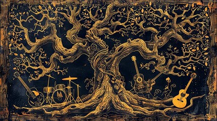 An imaginative artwork featuring a guitar blending into a tree with musical notes swirling among twisted branches, in sepia tones.