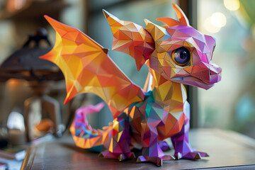 Design a whimsical baby dragon formed from geometric shapes, each filled with vibrant hues blending...