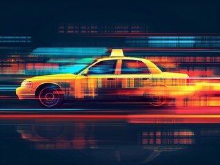 Illustration of a rapid taxi in night city, urban speed and transportation concept