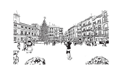 Print Building view with landmark of Reus is the city in Spain. Hand drawn sketch illustration in vector.