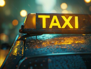 Taxi in the rain, illuminated taxi sign on wet cab roof, symbol of urban transportation
