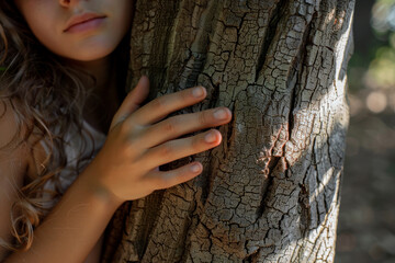 A girl is hugging a tree trunk