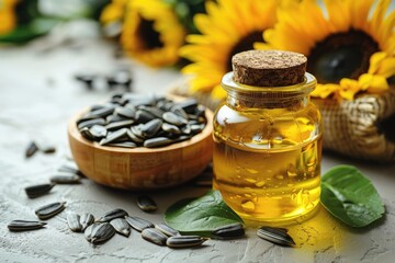 Sunflower, bottle of oil and seeds on wooden table against blurred background - obrazy, fototapety, plakaty