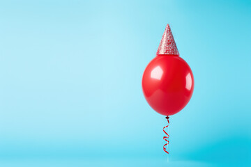 Fototapeta premium Red birthday balloon wearing cone carnival hat for celebration with confetti on the blue background.
