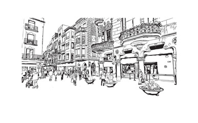 Obraz premium Print Building view with landmark of Reus is the city in Spain. Hand drawn sketch illustration in vector.