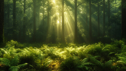 Sunbeams pierce through the verdant canopy of a dense forest, illuminating the understory and casting a mystical glow on the fern-covered floor.