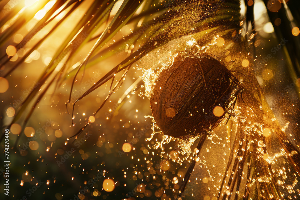 Poster a coconut is falling from a tree and splashing water