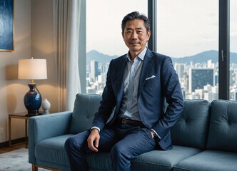 Japanese Businessman in Modern Office. East Asian Portrait, Success Defined. Japanese Business Leader in nevy blue