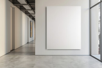 Gallery hallway with a blank canvas on the wall..