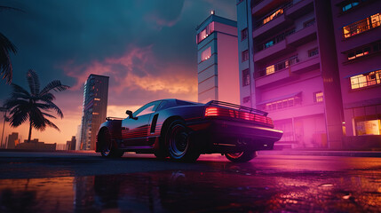 Futuristic car on the cybeprunk street in blue and purple synthwave colors. Cool retro supercar on synthwave street. - obrazy, fototapety, plakaty