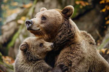 Fototapeta premium Mother bear and cub hug 