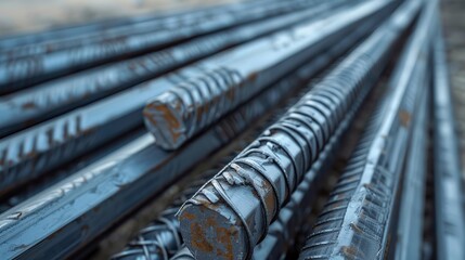 A set of reinforced steel. Iron background, metal. armature made of steel. New metal fittings in gray color. The reinforcement bars.  - obrazy, fototapety, plakaty