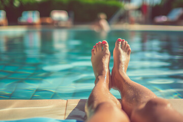 Beautiful feminine feet by the pool