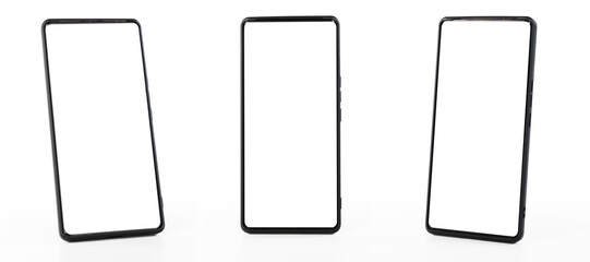 Three black smartphone with white screens. The smartphone are all empty.
