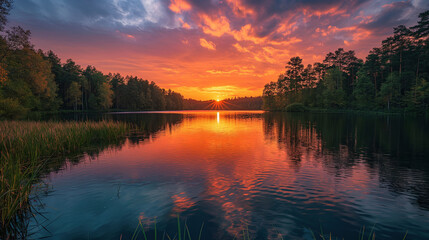 A fiery sunset casts its vibrant hues across the sky, mirrored in the calm waters of a secluded lake surrounded by whispering reeds and forest. - obrazy, fototapety, plakaty