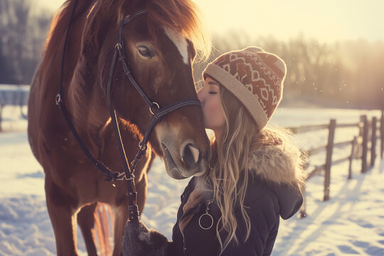 A woman with woollen cap kissing her horse in a winter scenery