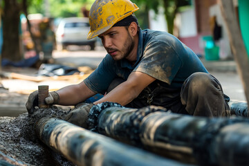A worker repairing a sewer pipe - obrazy, fototapety, plakaty