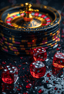 Casino theme. High contrast image of casino roulette poker game dice game poker chips on gaming table all on colorful bokeh background.