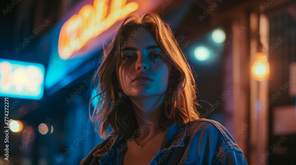 Wall mural Young woman stands on street at night illuminated by neon signs.