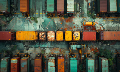Cargo trains and trucks at the docks Top view