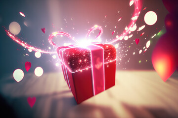 Cute and cozy gift box with ribbon. Gift box on shiny bokeh background.