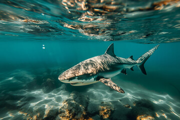 Close-up underwater view of a swimming shark - obrazy, fototapety, plakaty