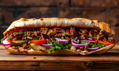 Big tasty hot dog with pulled pork cheese tomatoes and red onions on fresh roll served with French fries and beer on dark wooden background - 774272826