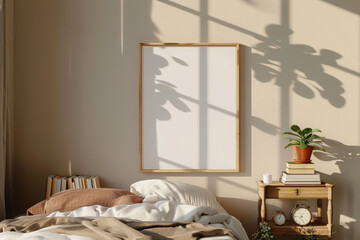 Wooden framed blank canvas in a sunlit room with plant decor