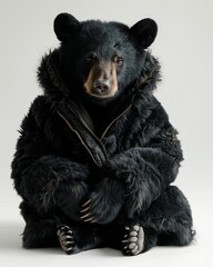 Black Bear Animal sitting on the floor, wearing a furry suit on white background fashion studio photography