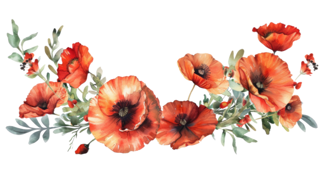 Wildflower poppy flower wreath in a watercolor style isolated on transparent. Poppy, papaver, opium. Aquarelle wild flower for background, texture, wrapper pattern, frame or border