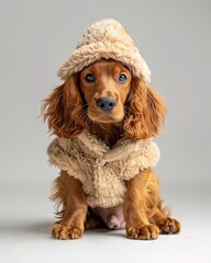 cocker spaniel dog Animal sitting on the floor, wearing a furry suit on white background fashion studio photography