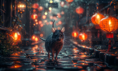 Rat is walking on the old street at night in the rain