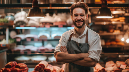 a butcher with a friendly smile stands proudly in front of a meat display