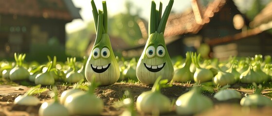 Kid-friendly 3D leek characters in a charming veggie story