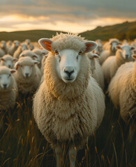 Obraz premium Sheep stares at the camera with herd of sheep in the background