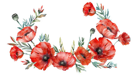 Wildflower poppy flower wreath in a watercolor style isolated on transparent. Poppy, papaver,  opium. Aquarelle wild flower for background, texture, wrapper pattern, frame or border - obrazy, fototapety, plakaty