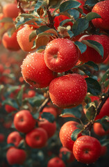Organic red ripe apples on the orchard tree with dew drops at sunrise