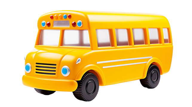 A bright yellow toy school bus sits on a clean white background