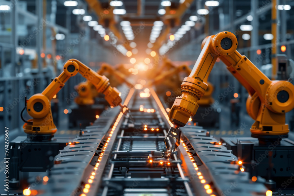 Aufkleber a factory with robots working on a conveyor belt