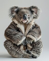 Koala Animal sitting on the floor, wearing a furry suit on white background fashion studio photography