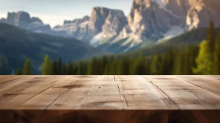 Photo sur Plexiglas Dolomites The empty wooden brown table top with blur background of dolomite mountain. Exuberant image. generative AI