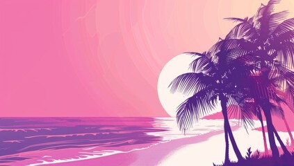banner background with palm trees, sunset and sun rays, pink purple and white color scheme there is space for text Generative AI - obrazy, fototapety, plakaty