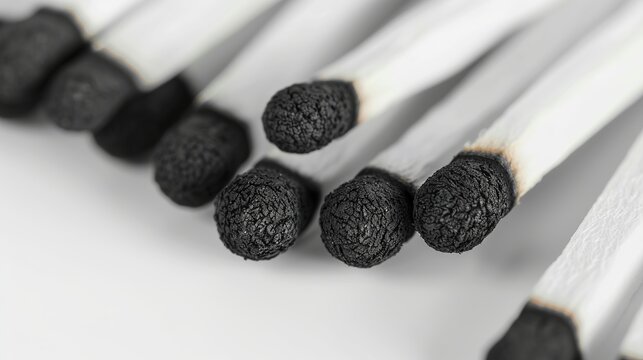 Close-up, top view of black matches with white sulfur heads isolated on a white background. Matches, accessories for smoking, black and white.
