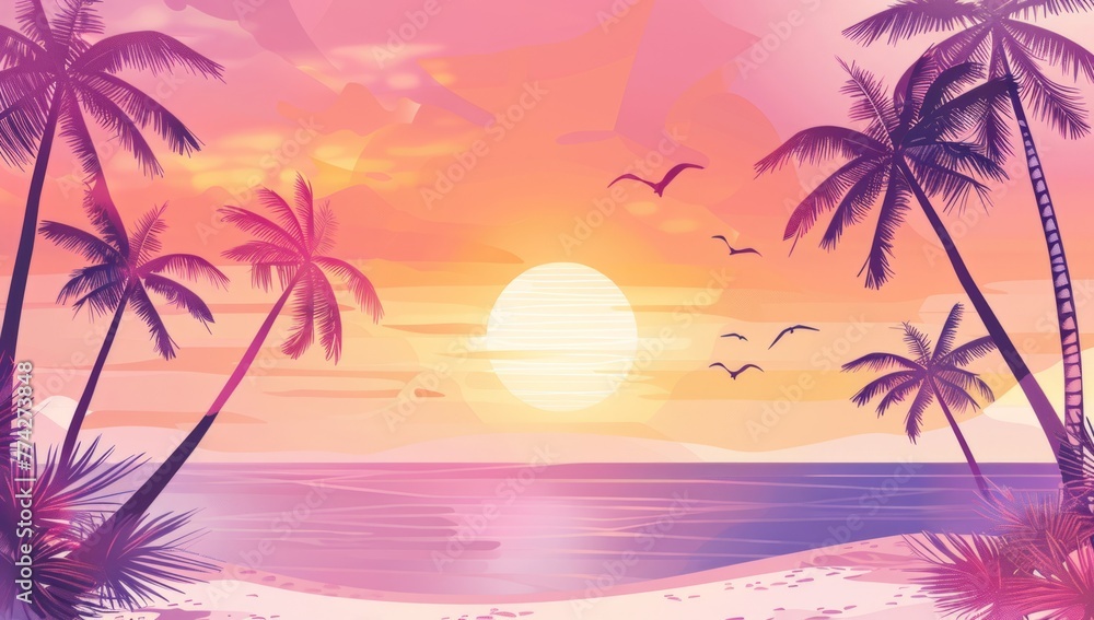 Poster abstract summer background with palm trees, sunset and beach generative ai
