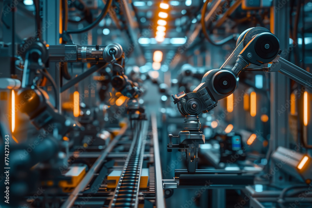 Poster a robot factory with many robots working on the assembly line