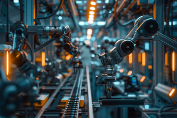 Fototapeta premium A robot factory with many robots working on the assembly line