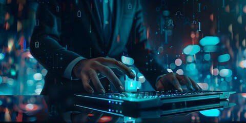 A professional man in a suit working on a laptop to protect client data with a holographic padlock in the background . Concept Cybersecurity, Professional, Technology, Digital Security