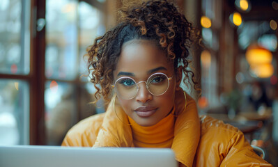 African american woman in eyeglasses sitting in cafe with laptop - 774273898